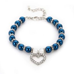 Pet Pearl Heart Pendant Collar (Color: Navy Blue, size: M)