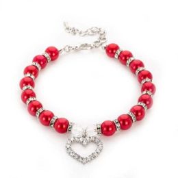 Pet Pearl Heart Pendant Collar (Color: Red, size: L)