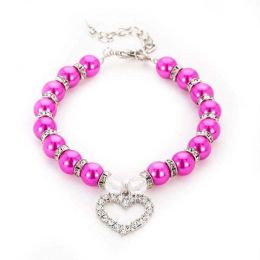 Pet Pearl Heart Pendant Collar (Color: Rose Red, size: M)