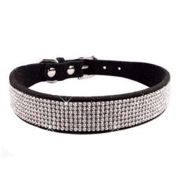 Crystal Dog Collar Solid Color Leather (Color: Black, size: Xs)
