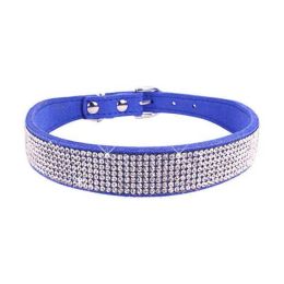 Crystal Dog Collar Solid Color Leather (Color: Deep Blue, size: M)