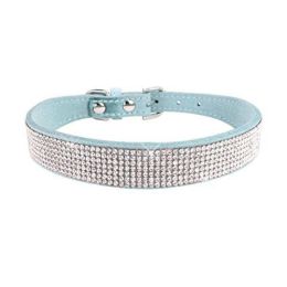 Crystal Dog Collar Solid Color Leather (Color: Light Blue, size: L)