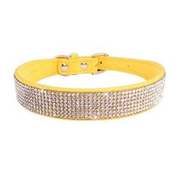 Crystal Dog Collar Solid Color Leather (Color: Yellow, size: Xs)