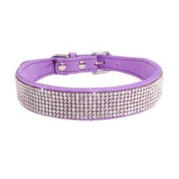 Crystal Dog Collar Solid Color Leather (Color: Purple, size: Xs)