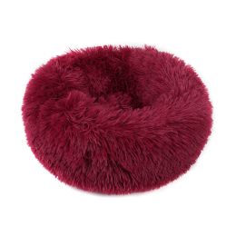 Small Large Pet Dog Puppy Cat Calming Bed Cozy Warm Plush Sleeping Mat Kennel, Round (Color: Wine Red, size: 27In)