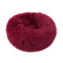 Small Large Pet Dog Puppy Cat Calming Bed Cozy Warm Plush Sleeping Mat Kennel, Round (Color: Wine Red, size: 20In)